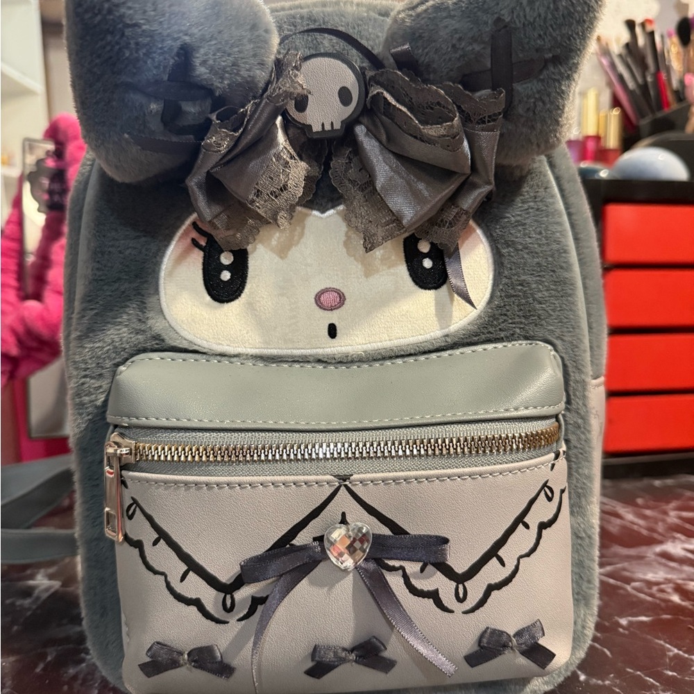 Loungefly Gray Furry Backpack with kuromi Lolita Print